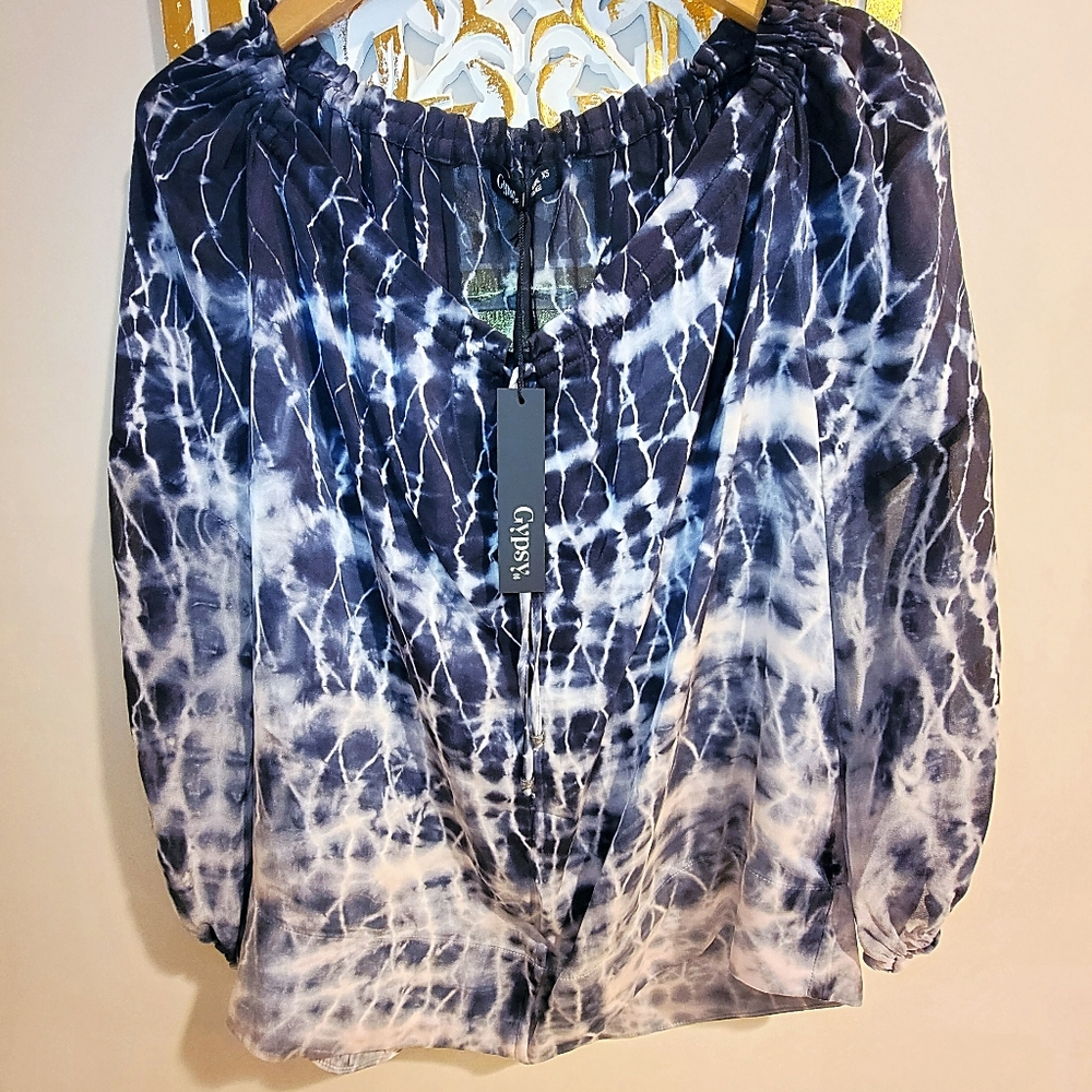 Gypsy 05 Blue and White Smocked Blouse NWT